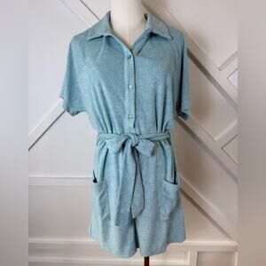 NWT Andie Swim Terry Button-Up Short Romper Cablu Blue Swim Cover Size Small